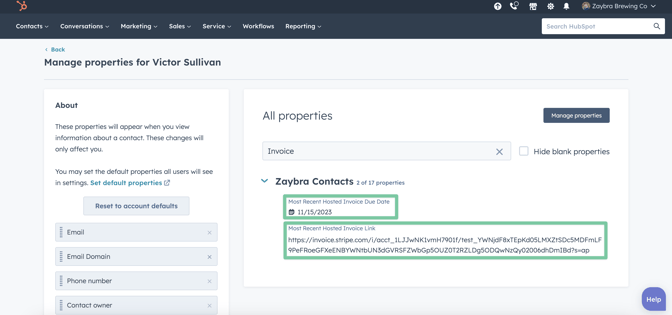 HubSpot hosted invoice link property