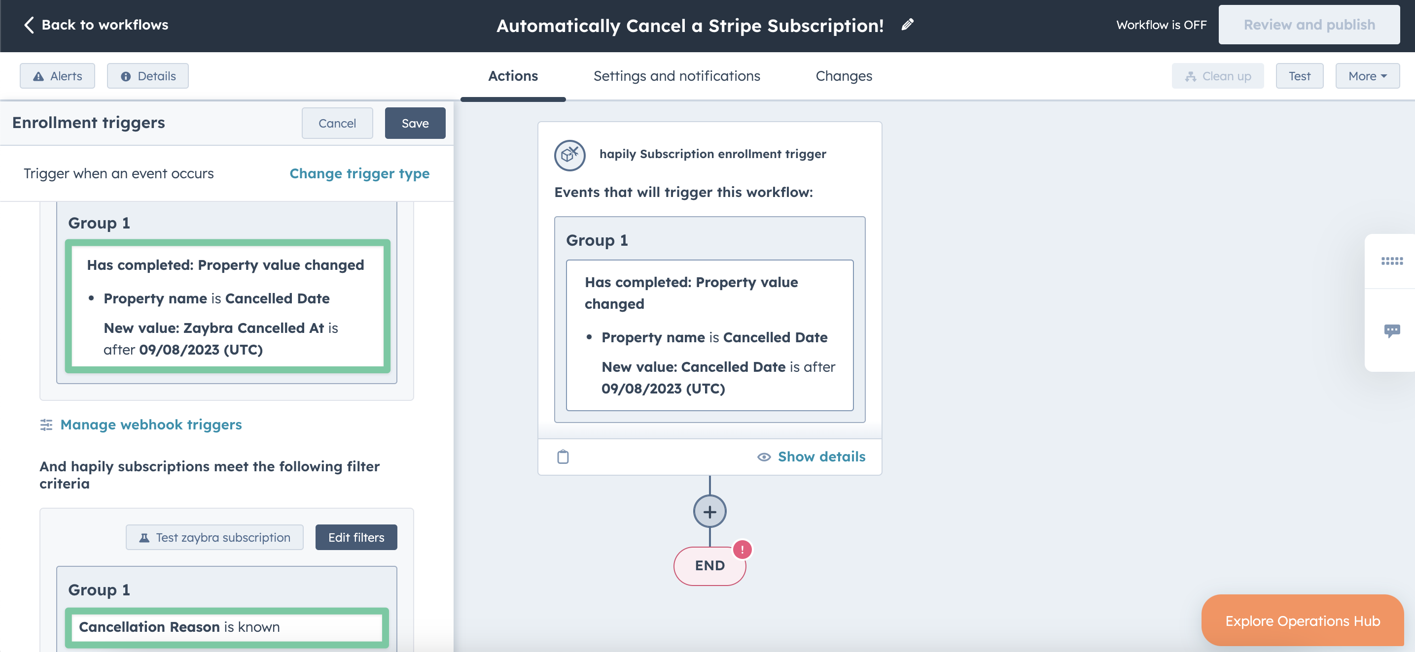 HubSpot how to cancel a stripe subscription using workflows
