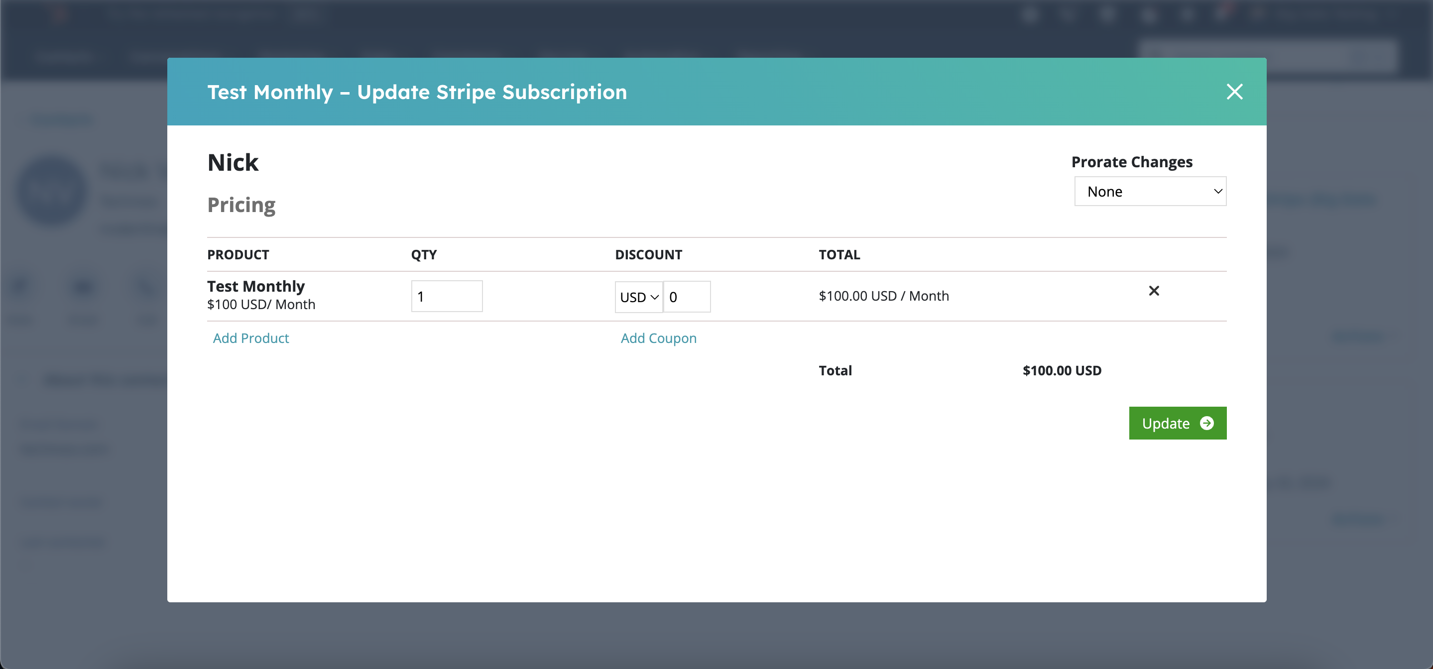 Updating stripe subscription from within HubSpot